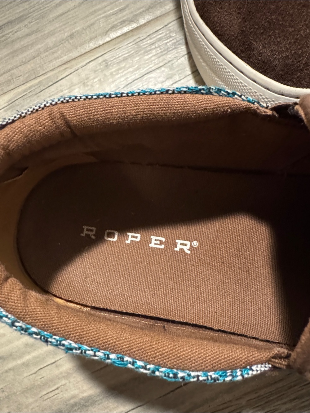 Roper Brown Slip-On Suede Sneakers with Blue and Red Stripe Heel - Picture 2 of 7